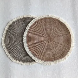 Round cotton braided placemat with fringe, minimalist table decor heat insulated mat.