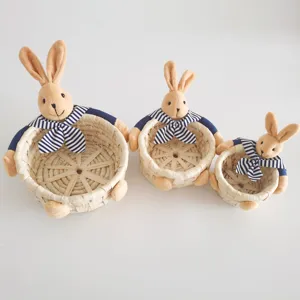 Handmade straw woven rabbit storage baskets set of three, cute bunny design for home decor.