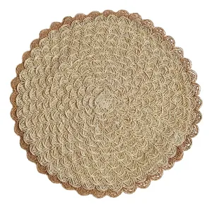 Round woven placemat for dining table, beige paper straw heat insulation table mat design