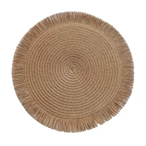 Set de table tissé rond avec bordure à franges, tapis isolant thermique en paille de papier.