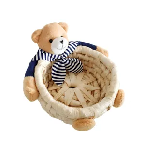 Cute teddy bear straw woven storage basket with sailor collar, ideal for home organization.