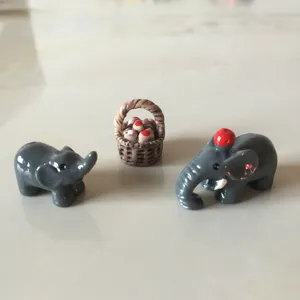 Miniature 3-piece resin elephant and fruit basket set for micro landscape bonsai decor