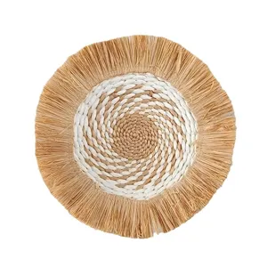 Bohemian Round Woven Wall Hanging Natural Raffia Fringe Straw Decor Front View Main Image