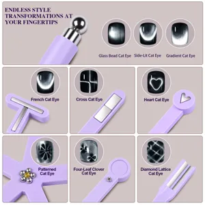 Detailed view of 8-in-1 magnetic nail art tool showing various cat-eye patterns.