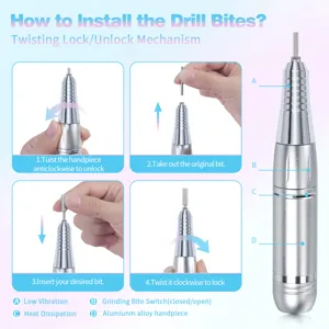 Gedetailleerde 4-stappen gids voor het installeren van bitjes in de nagelfrees handstuk.