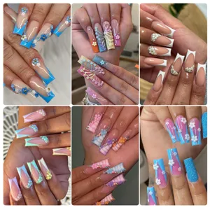 Close-up of 3D mixed color resin five-petal flower nail art decorations on long nails