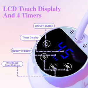 Primo piano dettagliato del display touch LCD e dei pulsanti timer di una lampada per unghie