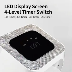 Primer plano de lámpara de uñas de lujo con pedrería, pantalla LED y 4 temporizadores