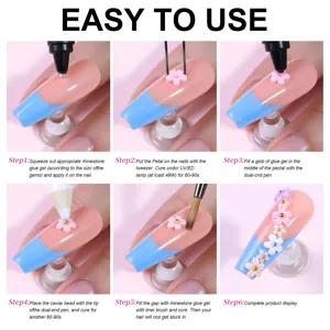 Step-by-step tutorial for applying resin five-petal flowers and caviar beads to nails.