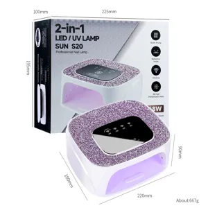 Vista detallada de la lámpara de uñas LED/UV SUN S20 con su embalaje y dimensiones