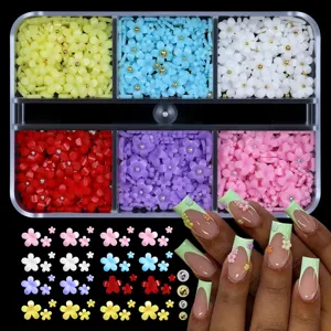 Detailed view of colorful resin five-petal flower nail charms in a 6-grid container.