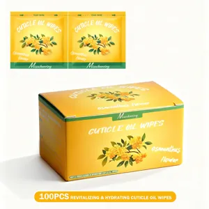 Dettaglio di 100 salviette all'olio per cuticole all'osmanto in una scatola regalo gialla