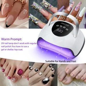 Detailed view of X9 220W UV LED nail lamp showing professional nail art results on hands and feet.