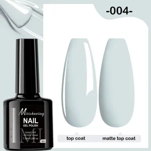 Détail de vernis à ongles gel gris clair montrant les finitions brillante et mate.