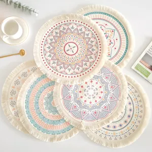 Bohemian Round Placemat Cotton Woven Mandala Print Tassel Heat Resistant Place Mat For Dining Table Home Decor