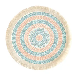 Handmade bohemian round cotton woven placemat with turquoise mandala print and white fringe