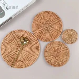 Set de mantel individual redondo de ratán tejido a mano, posavasos resistente al calor para cocina.