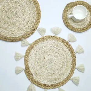 Handmade woven straw placemat set with cute tassels, natural plant fiber heat resistant mat.
