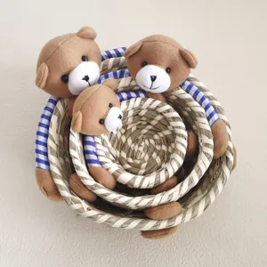 Cute Woven Storage Basket Set Corn Husk Organizer with Teddy Bear Home Decor Sundries