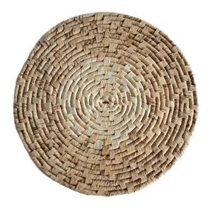 Round natural woven placemat, thickened heat insulation mat and straw pot pad for dining table.