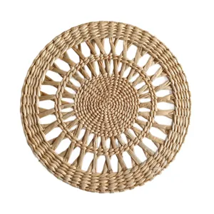 Set de Table Tissé en Paille Creux Isolation Thermique Décoration de Table Rond Assiette Théière Tasse