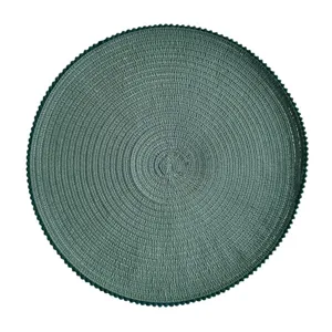 Round dark green woven placemat with pompom edge, ramie cotton kitchen table mat, table decor.