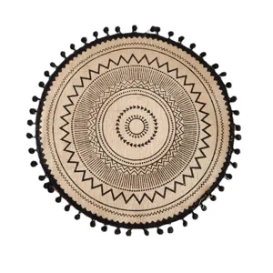 Runder nordischer gewebter Jute-Platzdeckchen mit schwarzem Muster und Pompons