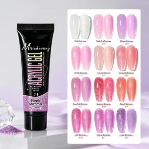 Detail view of glitter nail extension gel swatches with purple shimmer tube.