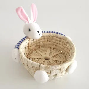 Close-up detail of the cute bunny plush head and woven straw storage basket, ideal decor.