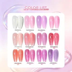 Nail extension gel color chart showing 12 shimmer shades with codes from B01 to B12