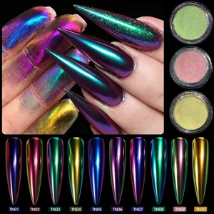Macro view of iridescent chameleon nail powder showing multi-chrome metallic effects