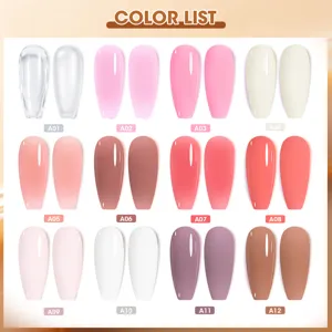 Detailed color chart for crystal extension nail gel featuring shades A01 to A12