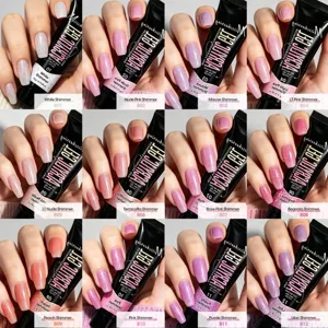 Detailed collage of 12 glitter nail extension gel shades with shimmer finish for manicure