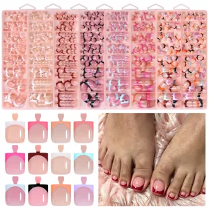 Professional French tip short nude press-on toenails set with multiple color options