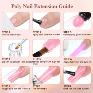 Detailed 9-step poly nail extension guide showing professional crystal gel application