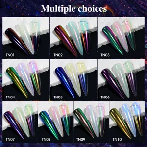 High-grade chameleon aurora nail powder showing 10 iridescent neon color shades.