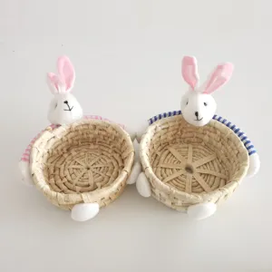 Woven storage basket detail with cute plush bunny head and arms, perfect for desktop small items.