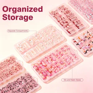 Detail view of organized storage box containing various French style press-on toenails