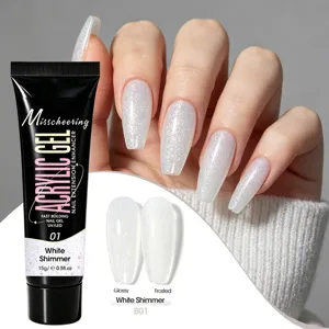 Close-up of white shimmer nail extension gel with glossy and frosted finish effects