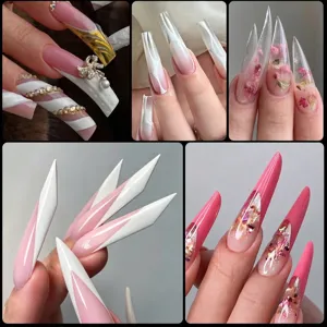 Macro collage di vari stili artistici di unghie finte lunghe, forme stiletto e coffin