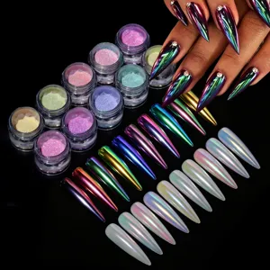 Professional 10-color aurora chameleon nail powder set showing chrome and iridescent effects
