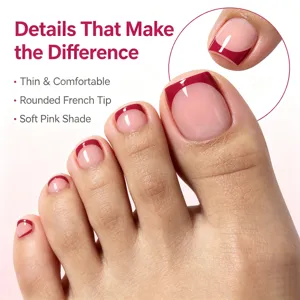 Nude pink press-on toenails with dark red French tips, thin and comfortable design detail.