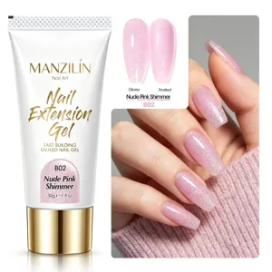 Nude pink shimmer τζελ επέκτασης νυχιών με γυαλιστερό και ματ εφέ