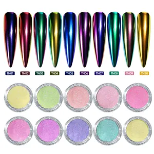 Detailed view of 10-color macaron aurora nail powder with high-shine mirror chrome effect