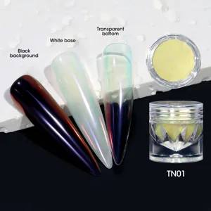 Aurora chrome nail powder TN01 showing color effects on black, white, and clear bases.