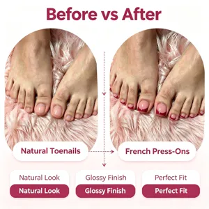 Before and after comparison of French press-on toenails with glossy maroon tips