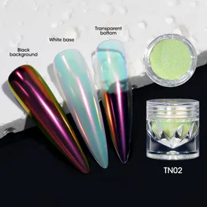 Chameleon aurora nail powder effect on black, white, and clear bases, model TN02.