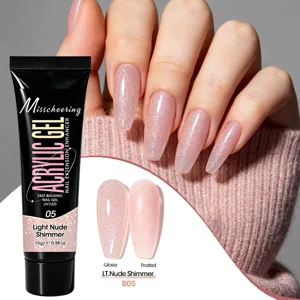 Close-up of Light Nude Shimmer nail gel application showing glossy and frosted finish