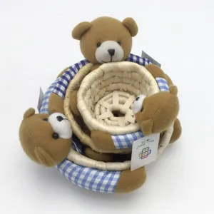 Cute woven corn husk storage basket set with adorable teddy bear decor and checkered edge.