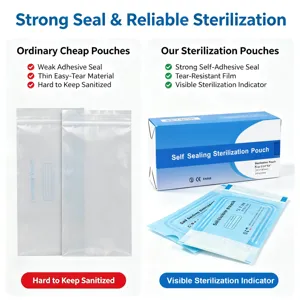 Infographie comparant des sachets ordinaires à des sachets de stérilisation de qualité
